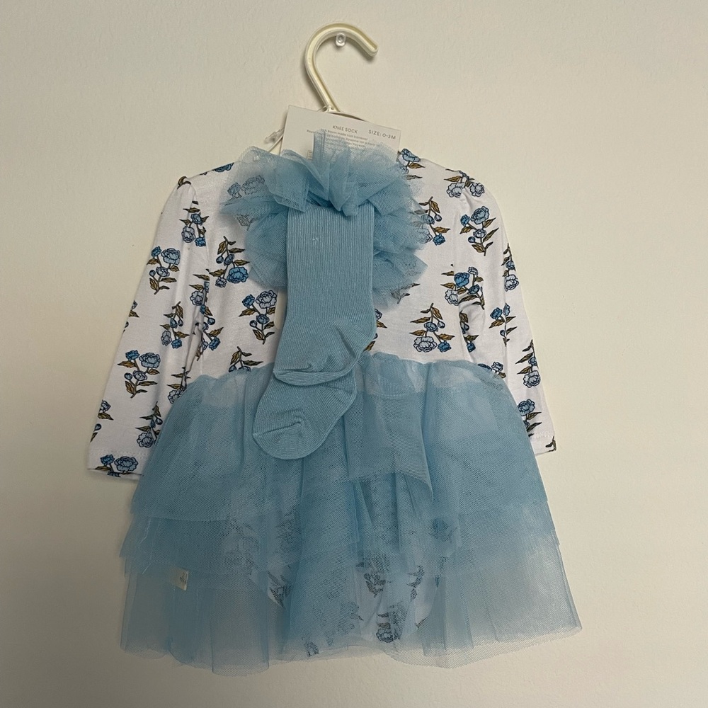 Milkberry Floral Dress with Blue Tulle Skirt tutu socks baby girl